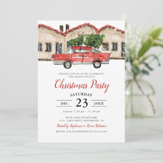 Rustige Waterverf Red Truck House Kerstparty Kaart (Staand voorkant)