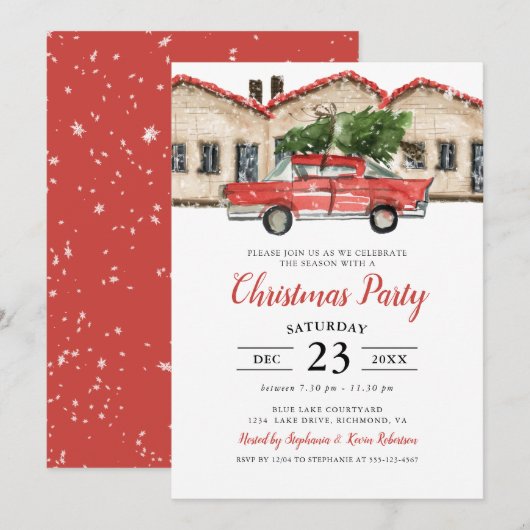 Rustige Waterverf Red Truck House Kerstparty Kaart (Voorkant / Achterkant)