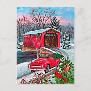 Rustige Waterverf Red Truck kerst Briefkaart