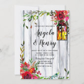 Rustige Waterverf Rode Florals en lantaarnbruiloft Kaart (Voorkant)
