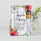 Rustige Waterverf Rode Florals en lantaarnbruiloft Kaart (Staand voorkant)