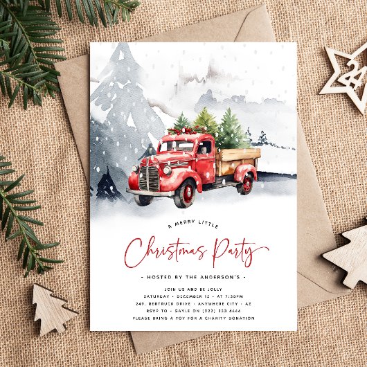 Rustige Waterverf Rode Truck Winter Kerstfeest Kaart