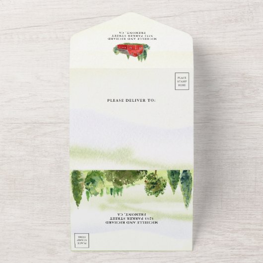 Rustige Waterverf Rood Barn Rural Boerderij Weddin All In One Uitnodiging (Buitenkant)