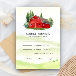 Rustige Waterverf Rood Barn Rural Boerderij Weddin RSVP Kaartje