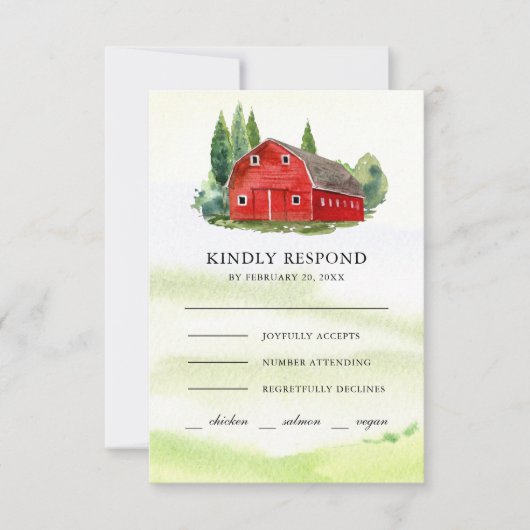 Rustige Waterverf Rood Barn Rural Boerderij Weddin RSVP Kaartje (Voorkant)