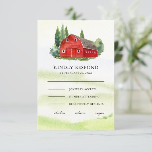 Rustige Waterverf Rood Barn Rural Boerderij Weddin RSVP Kaartje (Staand voorkant)