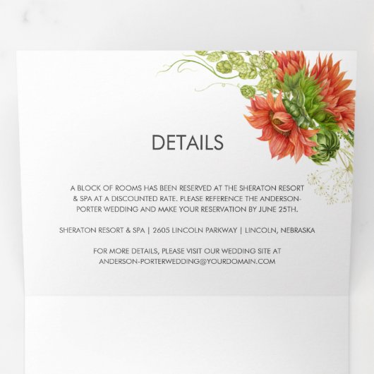 Rustige Waterverf Rood/Oranje Zonnebloem Greenery  Drieluik Uitnodiging (Binnenzijde eerst)