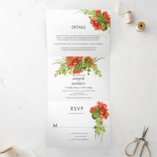 Rustige Waterverf Rood/Oranje Zonnebloem Greenery  Drieluik Uitnodiging (Binnen)