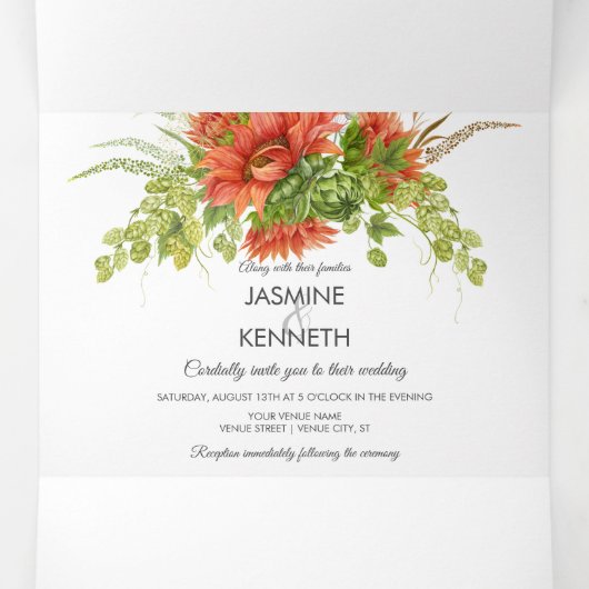 Rustige Waterverf Rood/Oranje Zonnebloem Greenery  Drieluik Uitnodiging (Binnenkant midden)