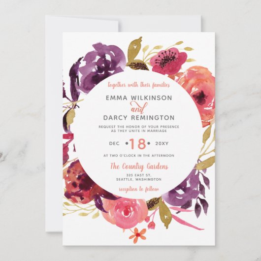 Rustige Waterverf Roze en Paarse Floral Wedding Kaart (Voorkant)