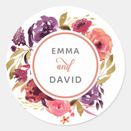 Rustige Waterverf Roze en Paarse Floral Wedding Ronde Sticker