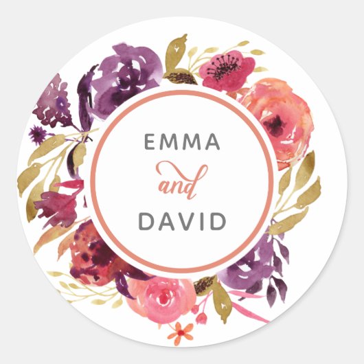 Rustige Waterverf Roze en Paarse Floral Wedding Ronde Sticker (Voorkant)