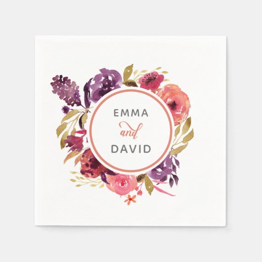 Rustige Waterverf Roze en Paarse Floral Wedding Servet (Voorkant)