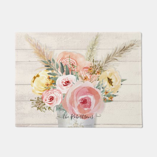 Rustige Waterverf Roze Floral Cottage Chic Deurmat (Voorkant)