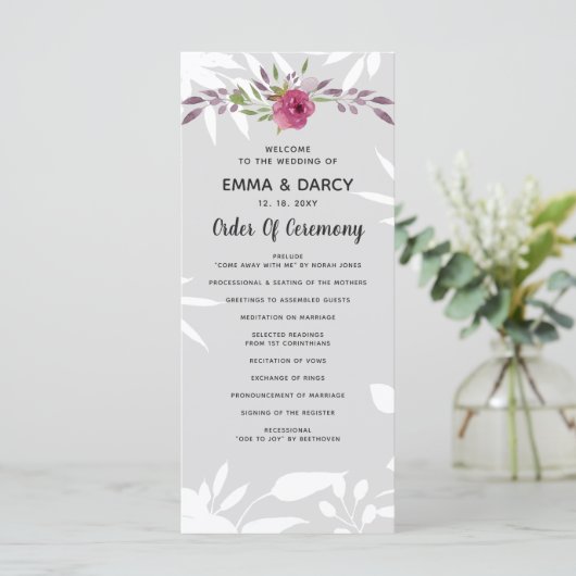 Rustige Waterverf Roze Floral Wedding Programmakaart (Staand voorkant)