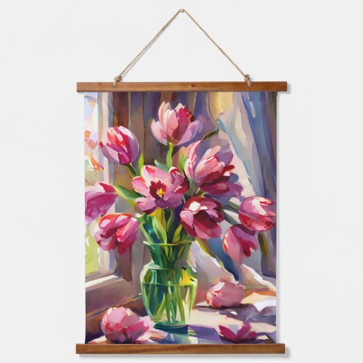 Rustige Waterverf Roze Tulpen in Vase Hangend Wandkleed (Voorkant)