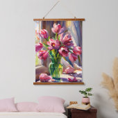 Rustige Waterverf Roze Tulpen in Vase Hangend Wandkleed (Slaapkamer)