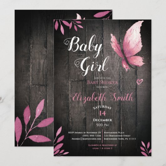 Rustige waterverf roze vlinder babydouche kaart (Voorkant / Achterkant)