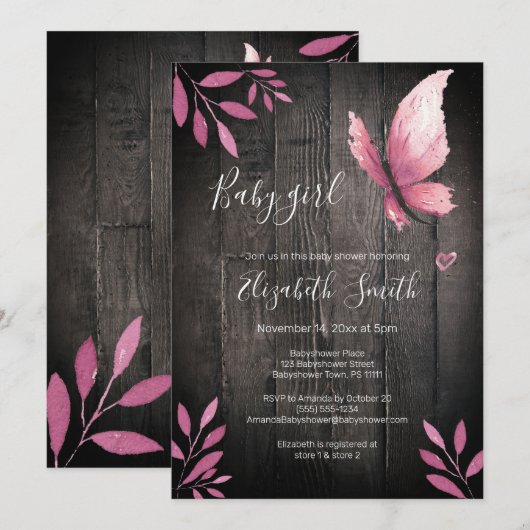 Rustige waterverf roze vlinder babydouche kaart (Voorkant / Achterkant)