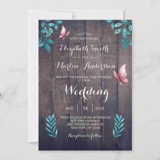 Rustige waterverf roze vlinderbloembruiloft kaart (Voorkant)