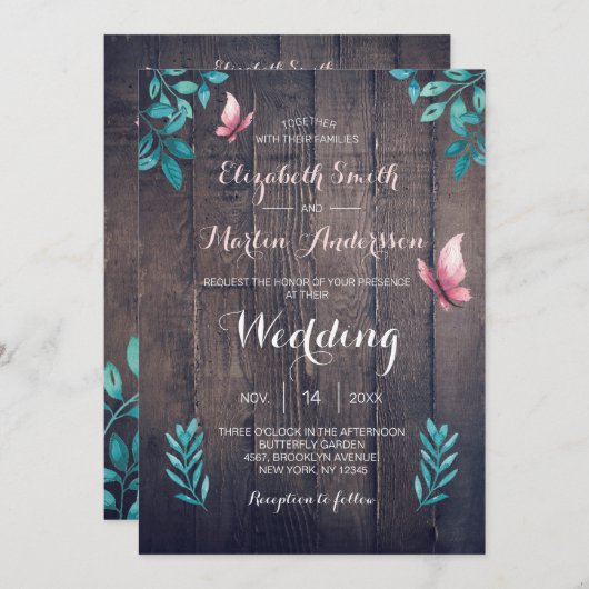 Rustige waterverf roze vlinderbloembruiloft kaart (Voorkant / Achterkant)