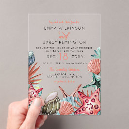 Rustige Waterverf Seashells Starfish Beach Wedding Acryl Uitnodigingen