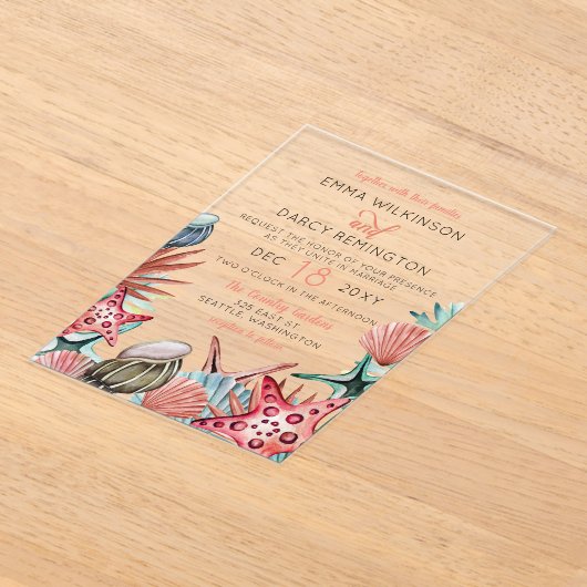 Rustige Waterverf Seashells Starfish Beach Wedding Acryl Uitnodigingen (Laagn)
