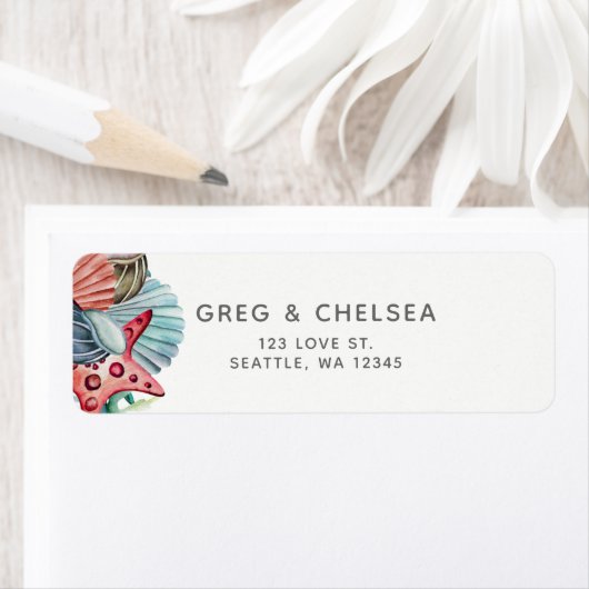 Rustige Waterverf Seashells Starfish Beach Wedding Etiket (Insitu)