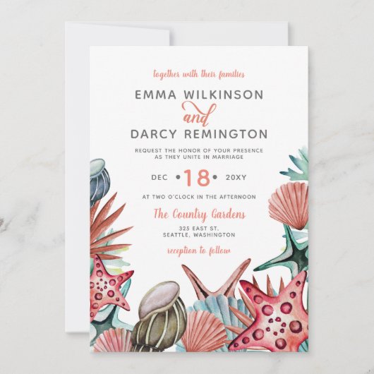 Rustige Waterverf Seashells Starfish Beach Wedding Kaart (Voorkant)