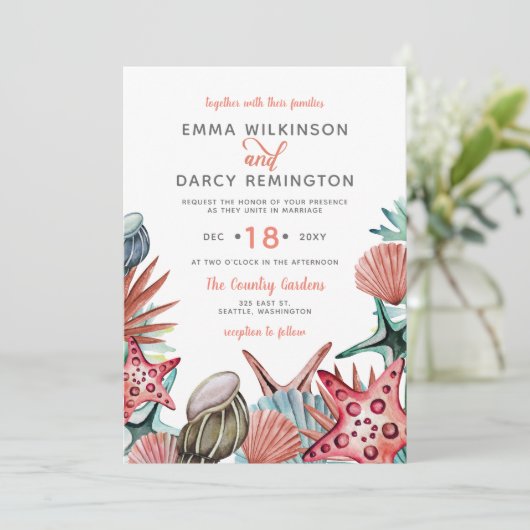 Rustige Waterverf Seashells Starfish Beach Wedding Kaart (Staand voorkant)