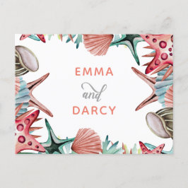 Rustige Waterverf Seashells Starfish Beach Wedding Uitnodiging Briefkaart