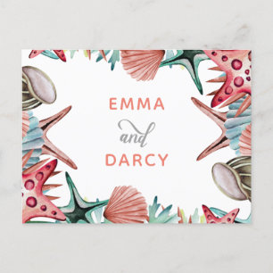 Rustige Waterverf Seashells Starfish Beach Wedding Uitnodiging Briefkaart