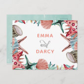 Rustige Waterverf Seashells Starfish Beach Wedding Uitnodiging Briefkaart (Voorkant / Achterkant)