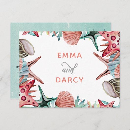 Rustige Waterverf Seashells Starfish Beach Wedding Uitnodiging Briefkaart (Voorkant / Achterkant)