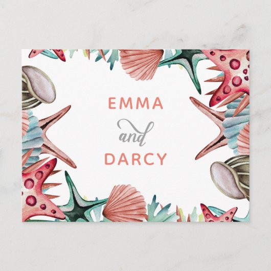 Rustige Waterverf Seashells Starfish Beach Wedding Uitnodiging Briefkaart (Voorkant)
