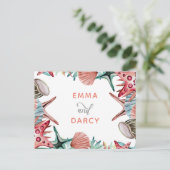 Rustige Waterverf Seashells Starfish Beach Wedding Uitnodiging Briefkaart (Staand voorkant)