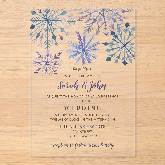 Rustige Waterverf Snowflakes Blue Winter Wedding Acryl Uitnodigingen (Voorkant)