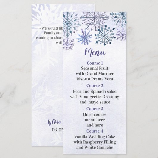 Rustige Waterverf Snowflakes Blue Winter Wedding Menu (Voorkant / Achterkant)