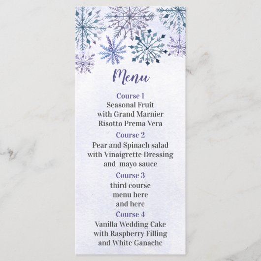 Rustige Waterverf Snowflakes Blue Winter Wedding Menu (Voorkant)