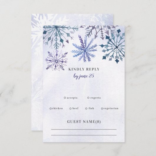 Rustige Waterverf Snowflakes Blue Winter Wedding RSVP Kaartje (Voorkant / Achterkant)