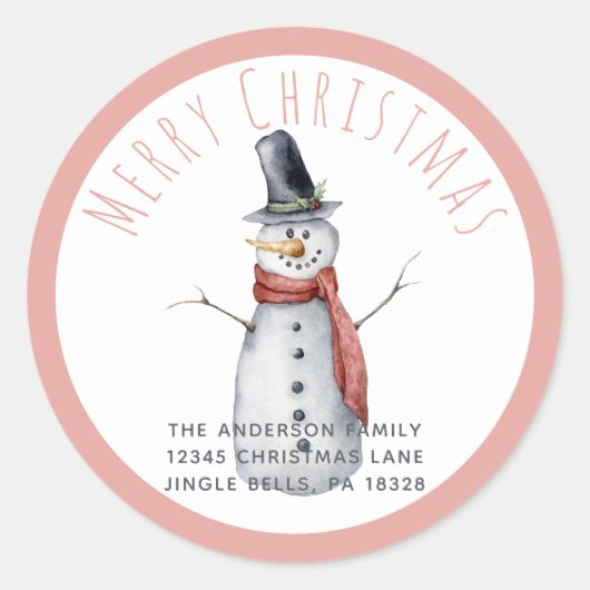 Rustige Waterverf Snowman-familie met prettige ker Ronde Sticker (Voorkant)
