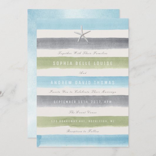 Rustige waterverf streept nautische strandbruiloft kaart (Voorkant / Achterkant)