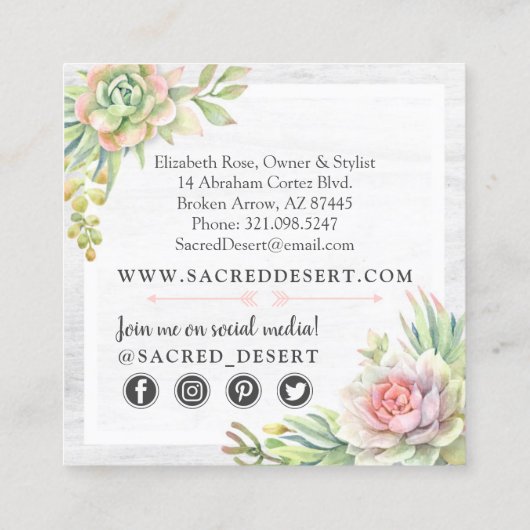 Rustige Waterverf Succulente Cactus Social Media Vierkante Visitekaartje (Achterkant)