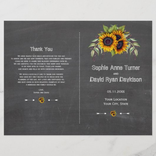 Rustige Waterverf - Sunflower Chalk Wedding Progra Flyer (Voorkant)