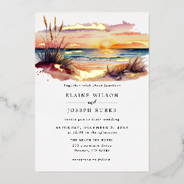 Rustige Waterverf Sunset Beach Seascape Wedding Folie Uitnodiging