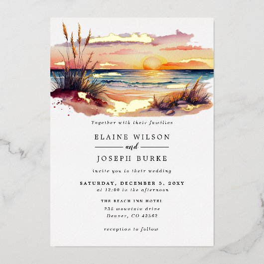Rustige Waterverf Sunset Beach Seascape Wedding Folie Uitnodiging (Voorkant)