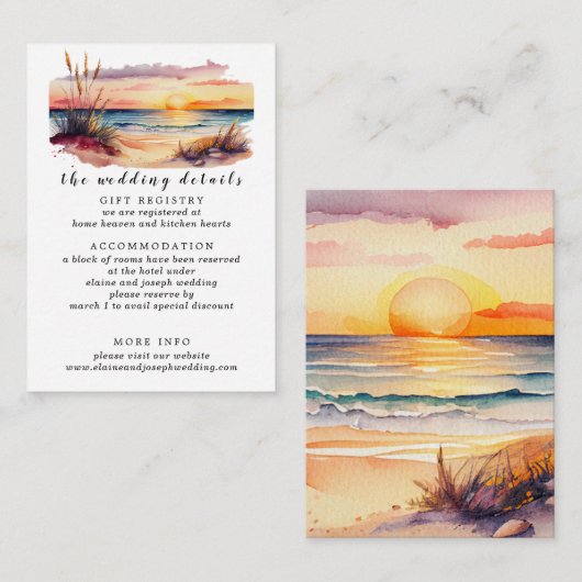 Rustige Waterverf Sunset Beach Seascape Wedding Informatiekaartje (Voorkant / Achterkant)