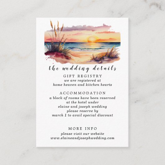 Rustige Waterverf Sunset Beach Seascape Wedding Informatiekaartje (Voorkant)