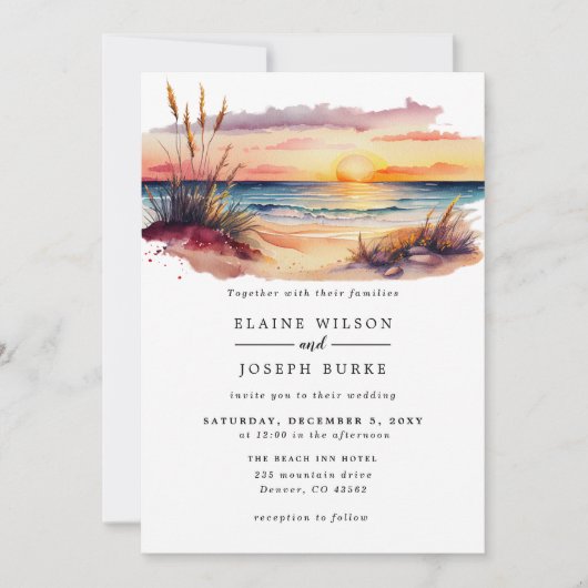 Rustige Waterverf Sunset Beach Seascape Wedding Kaart (Voorkant)