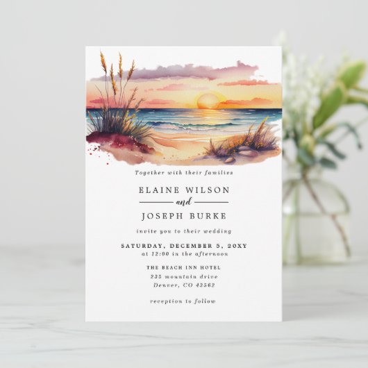 Rustige Waterverf Sunset Beach Seascape Wedding Kaart (Staand voorkant)
